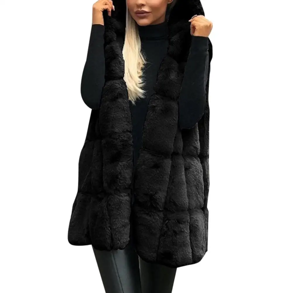 Winter Thick Vest Jacket Faux Fur Casual Solid Color Hooded Waistcoat Long Knit Oversize Women Jacket Vest - Image 2