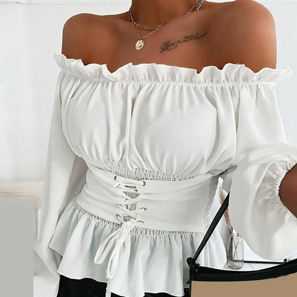 Women Shirt Jacket Coat Autumn Casual Solid Color Long Sleeve Ruffled Hem Off Shoulder Top Blouse - Image 3