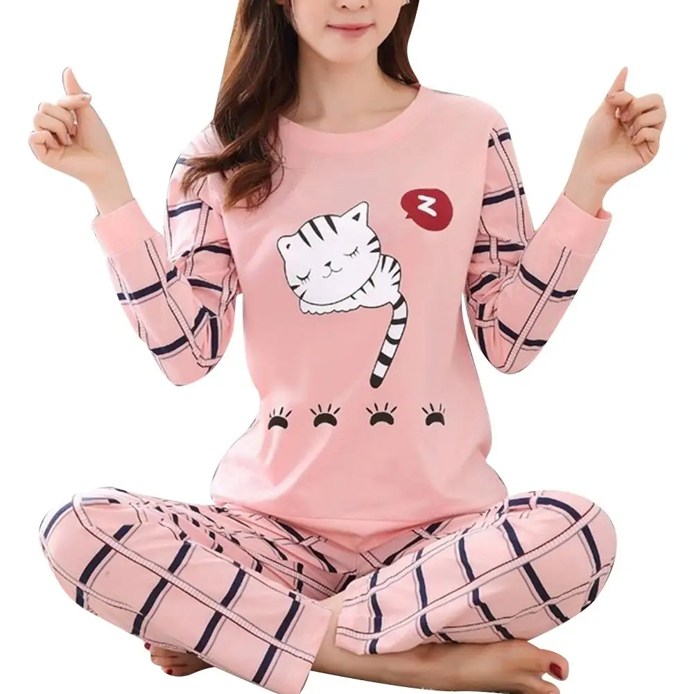 Winter Cute Cartoon Cat Print Pajama Set Women Two-pieces Long Sleeve Sleepwear Underwear Girls Pajama Sets - Image 2