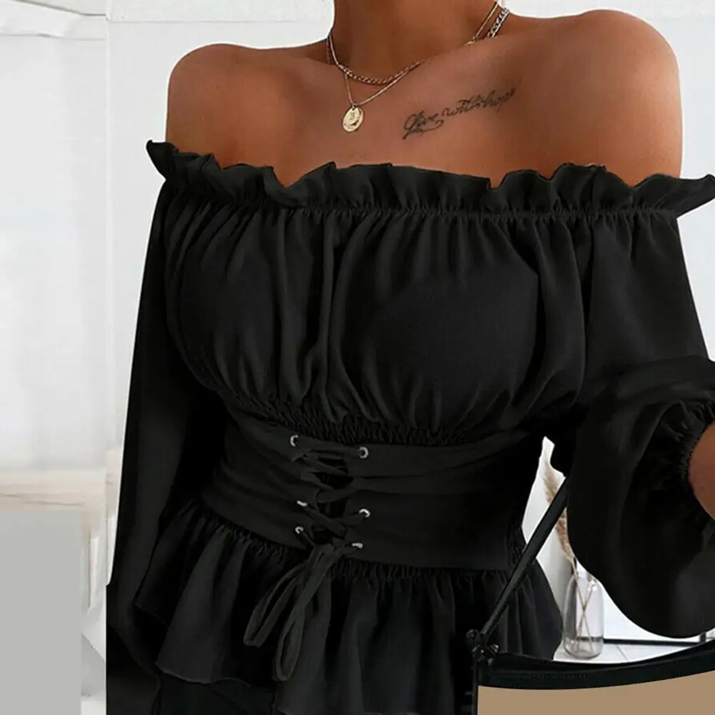 Women Shirt Jacket Coat Autumn Casual Solid Color Long Sleeve Ruffled Hem Off Shoulder Top Blouse - Image 4