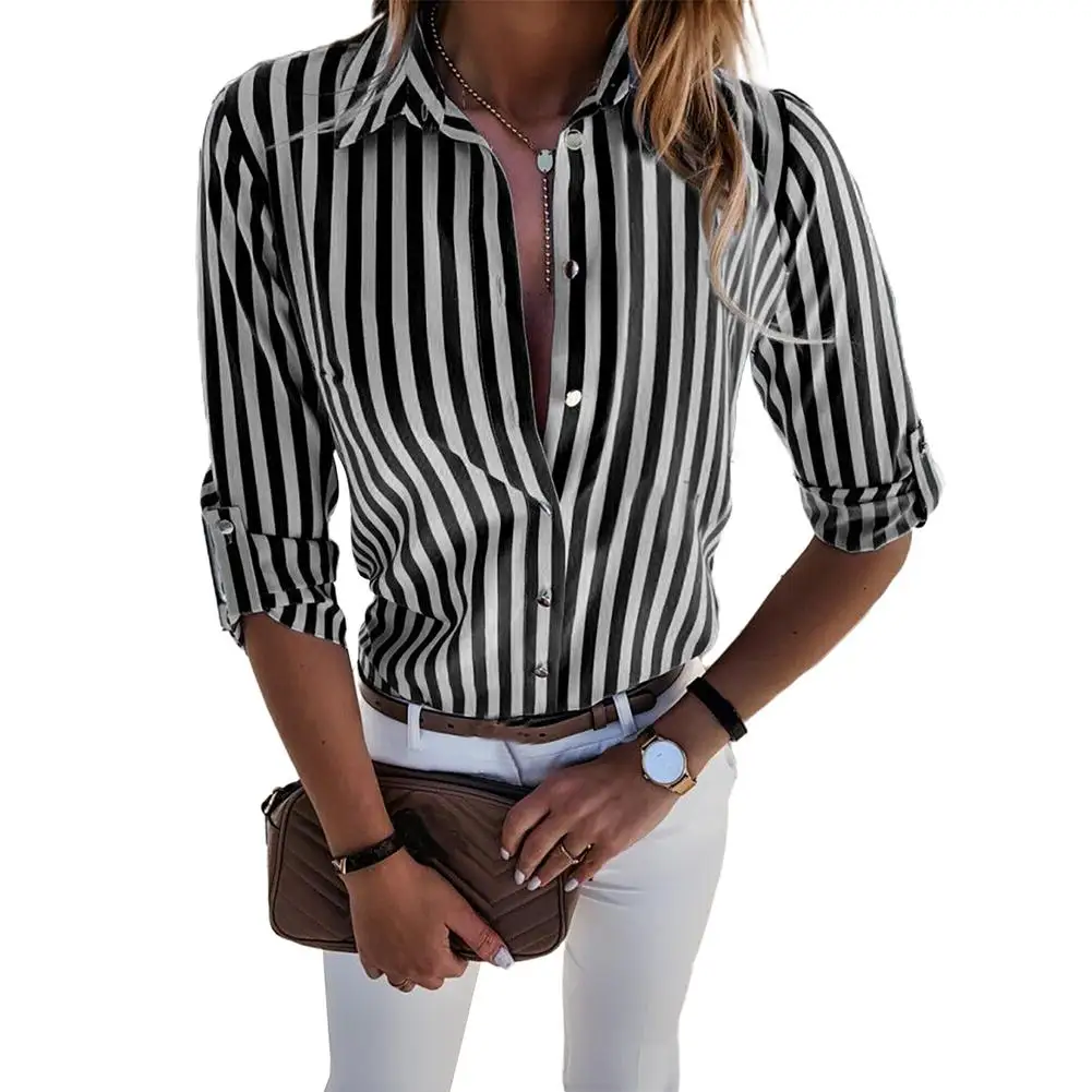 Spring Summer Shirt Women Fashion Long Sleeve Turn Down Collar Vertical Stripes Office Shirt Blouse Femme Shirt Jacket Coat - Image 4