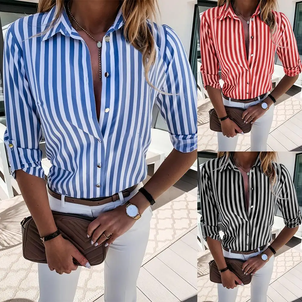 Spring Summer Shirt Women Fashion Long Sleeve Turn Down Collar Vertical Stripes Office Shirt Blouse Femme Shirt Jacket Coat - Image 3