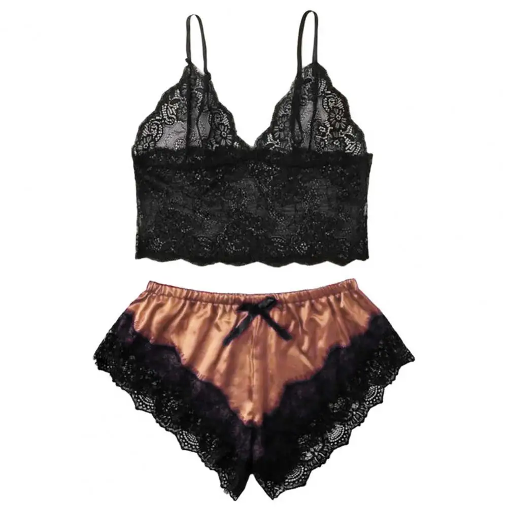 Spaghetti Strap Shorts Women Sleepwear Set Elastic Solid Color Female Camisole Shorts Lace Women Sleepwear Set - Image 4
