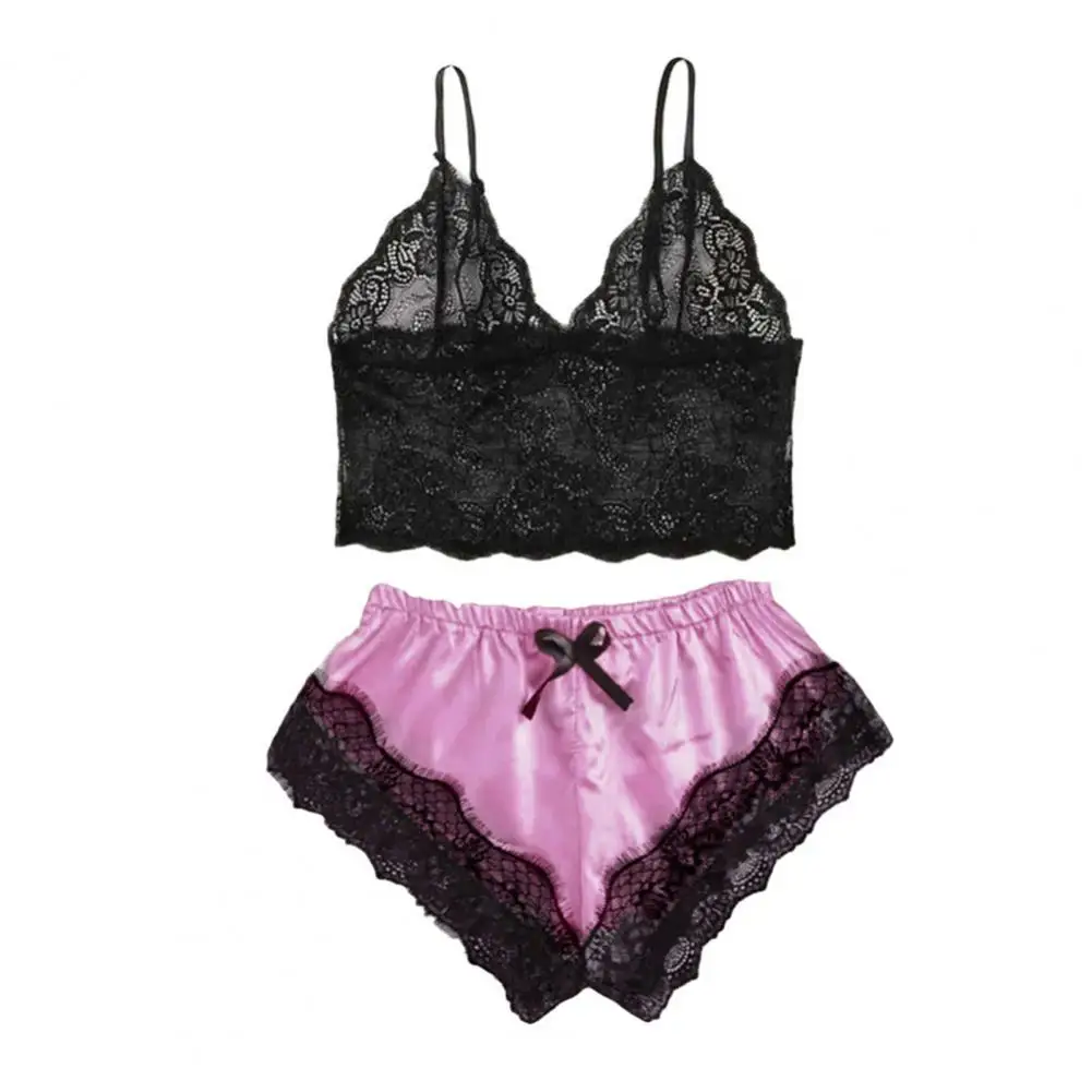 Spaghetti Strap Shorts Women Sleepwear Set Elastic Solid Color Female Camisole Shorts Lace Women Sleepwear Set - Image 3